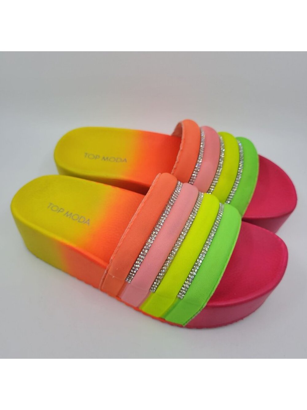 Top Moda Slides Womens Size 6 Rainbow Ombre Platform Y2K Neon Wide Strap Slip-On